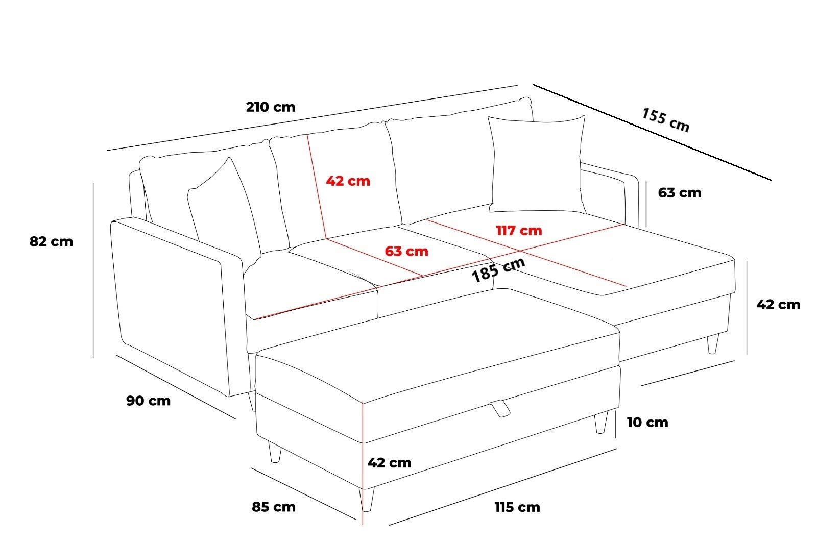Sofá de canto moderno cinza com pufe, 210 cm | 100% poliéster, tecido fácil de limpar, espuma 28 DNS | Design escandinavo elegante para o conforto da sala de estar