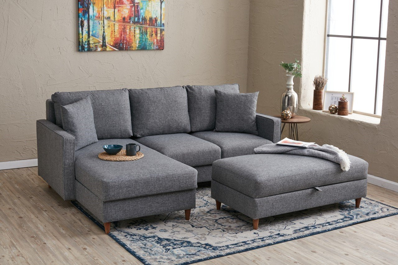Sofá de canto moderno cinza com pufe, 210 cm | 100% poliéster, tecido fácil de limpar, espuma 28 DNS | Design escandinavo elegante para o conforto da sala de estar