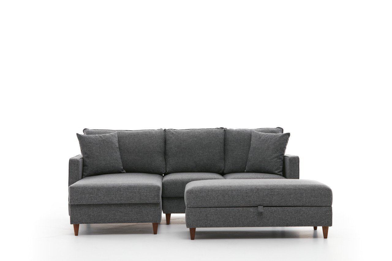 Sofá de canto moderno cinza com pufe, 210 cm | 100% poliéster, tecido fácil de limpar, espuma 28 DNS | Design escandinavo elegante para o conforto da sala de estar