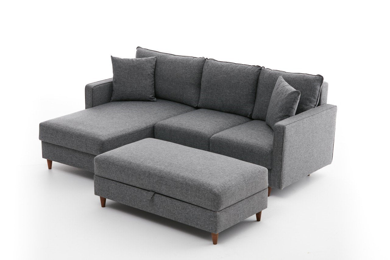Sofá de canto moderno cinza com pufe, 210 cm | 100% poliéster, tecido fácil de limpar, espuma 28 DNS | Design escandinavo elegante para o conforto da sala de estar