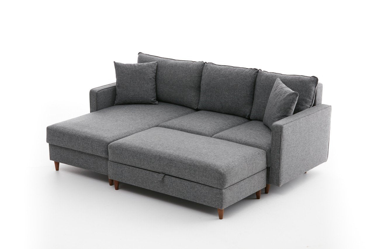 Sofá de canto moderno cinza com pufe, 210 cm | 100% poliéster, tecido fácil de limpar, espuma 28 DNS | Design escandinavo elegante para o conforto da sala de estar
