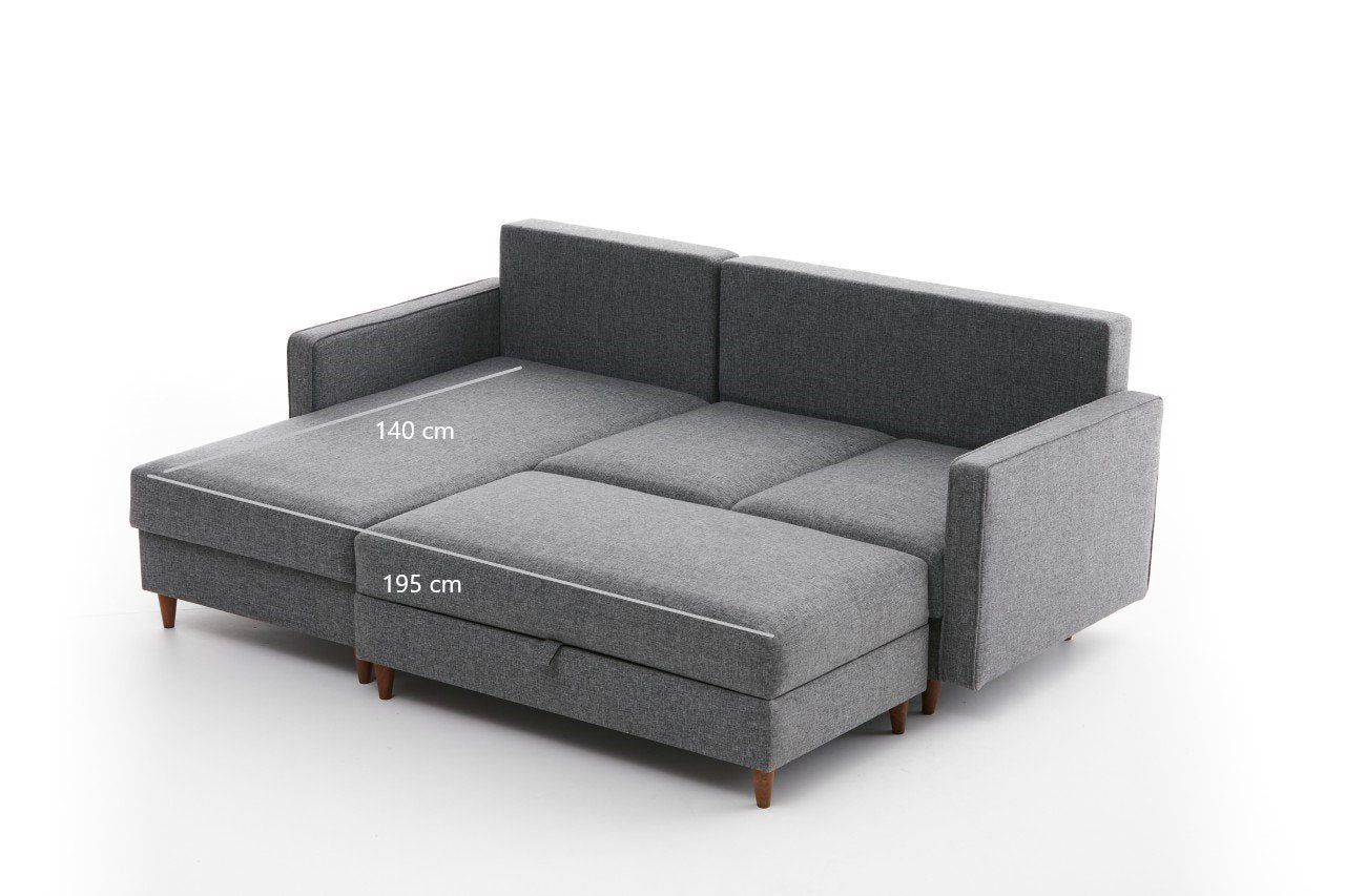 Sofá de canto moderno cinza com pufe, 210 cm | 100% poliéster, tecido fácil de limpar, espuma 28 DNS | Design escandinavo elegante para o conforto da sala de estar
