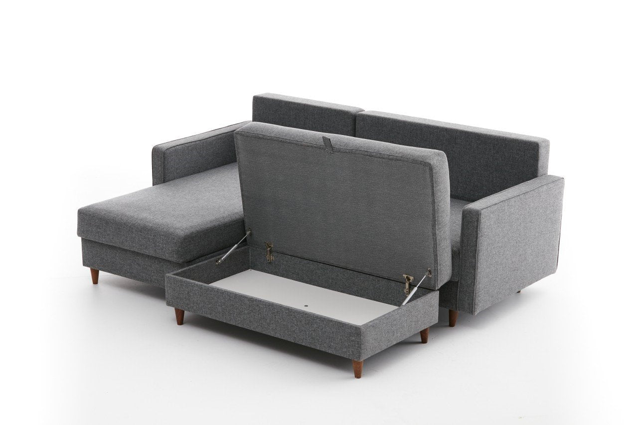 Sofá de canto moderno cinza com pufe, 210 cm | 100% poliéster, tecido fácil de limpar, espuma 28 DNS | Design escandinavo elegante para o conforto da sala de estar