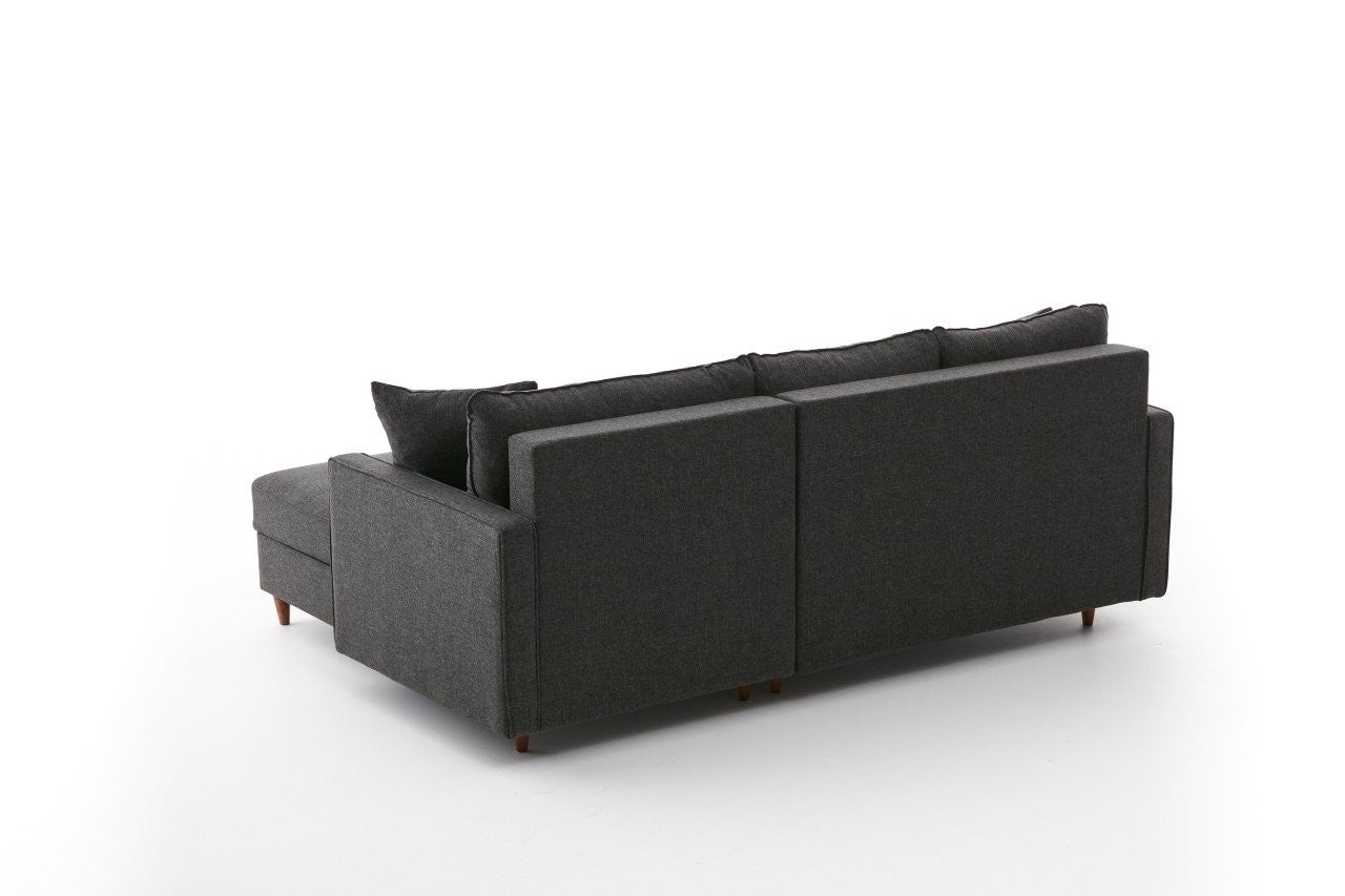 Sofá de Canto Moderno, Antracite, 210 x 82 x 195 cm | 100% Poliéster, Tecido Fácil de Limpar, Espuma 28 DNS, Design Escandinavo | Inclui Puff
