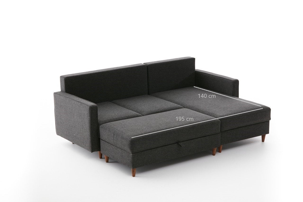 Sofá de Canto Moderno, Antracite, 210 x 82 x 195 cm | 100% Poliéster, Tecido Fácil de Limpar, Espuma 28 DNS, Design Escandinavo | Inclui Puff