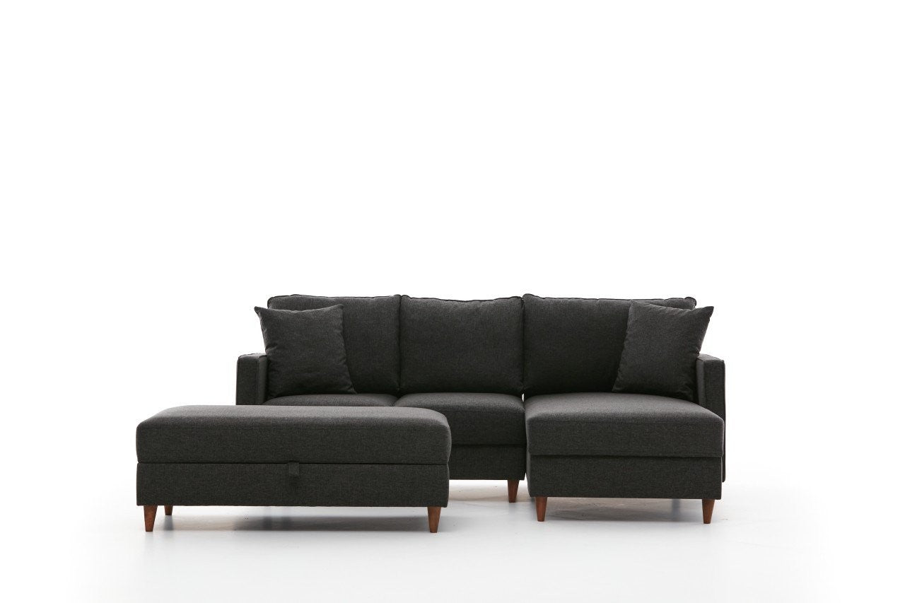 Sofá de Canto Moderno, Antracite, 210 x 82 x 195 cm | 100% Poliéster, Tecido Fácil de Limpar, Espuma 28 DNS, Design Escandinavo | Inclui Puff