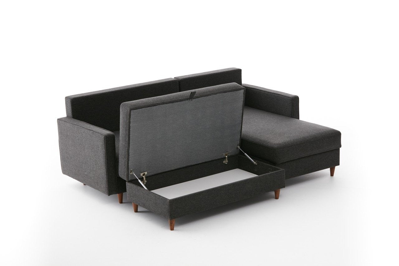 Sofá de Canto Moderno, Antracite, 210 x 82 x 195 cm | 100% Poliéster, Tecido Fácil de Limpar, Espuma 28 DNS, Design Escandinavo | Inclui Puff