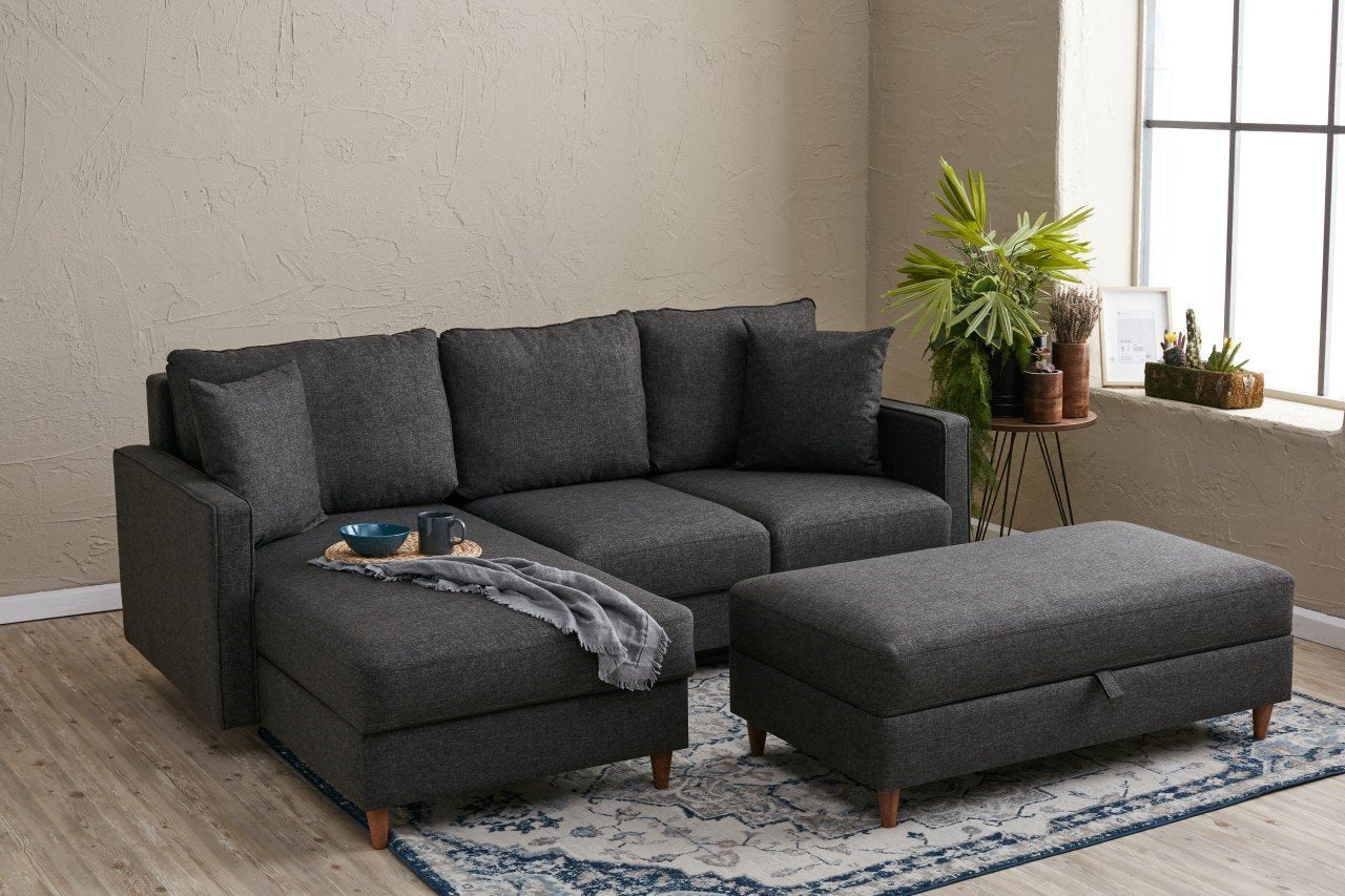 Sofá de Canto Moderno, Antracite, 210 x 82 x 195 cm | 100% Poliéster, Tecido Fácil de Limpar, Espuma 28 DNS, Design Escandinavo | Inclui Puff