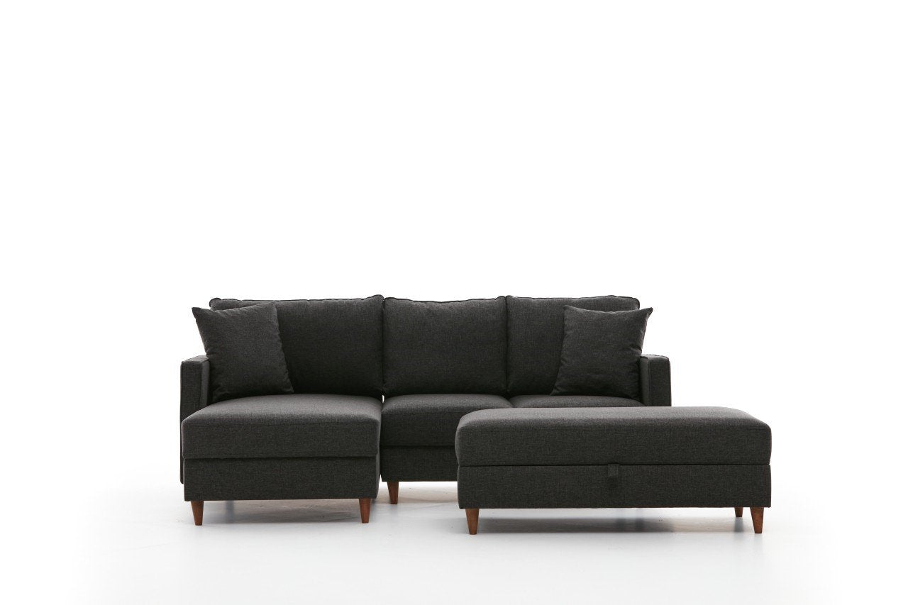 Sofá de Canto Moderno, Antracite, 210 x 82 x 195 cm | 100% Poliéster, Tecido Fácil de Limpar, Espuma 28 DNS, Design Escandinavo | Inclui Puff