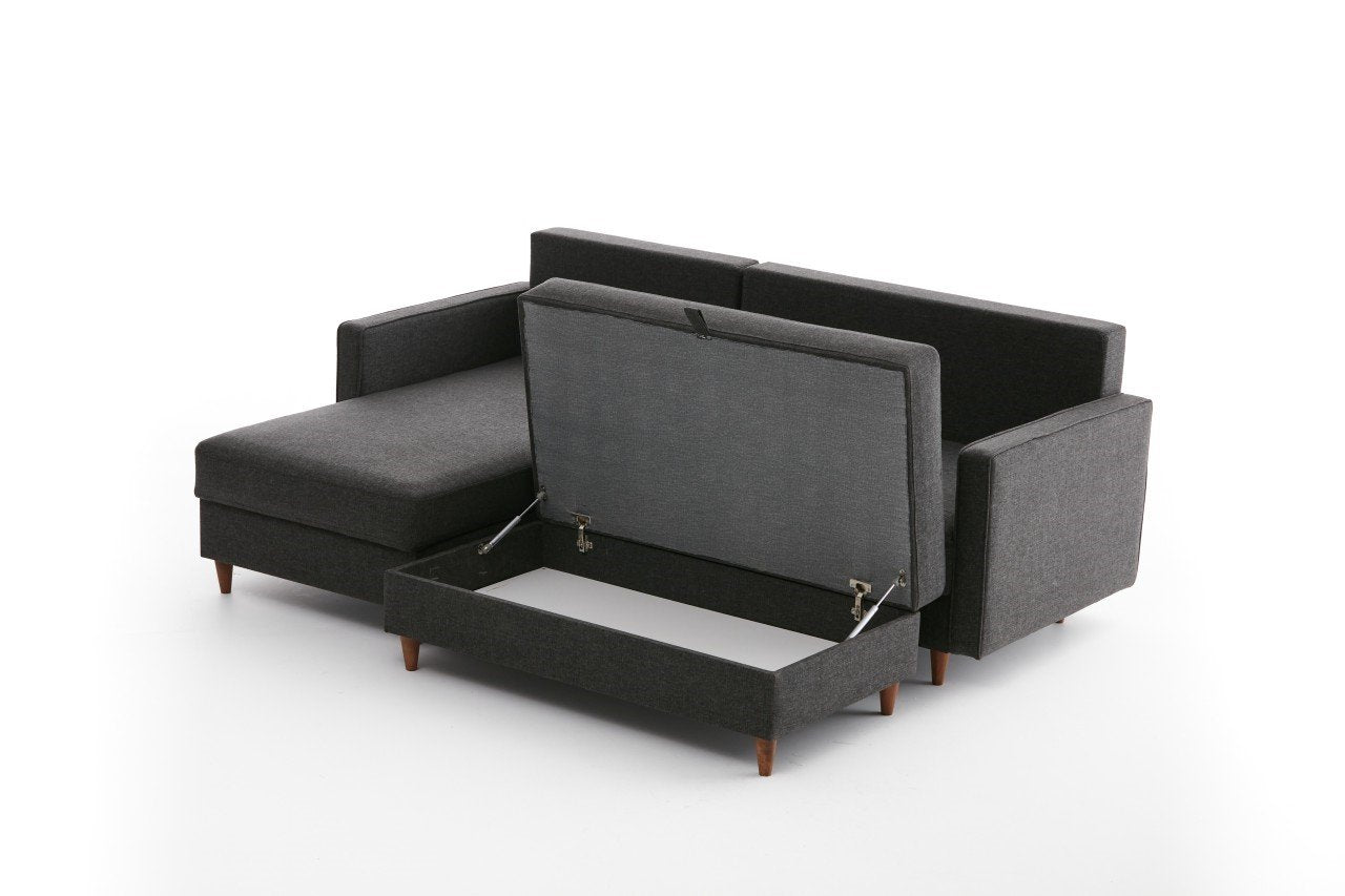 Sofá de Canto Moderno, Antracite, 210 x 82 x 195 cm | 100% Poliéster, Tecido Fácil de Limpar, Espuma 28 DNS, Design Escandinavo | Inclui Puff