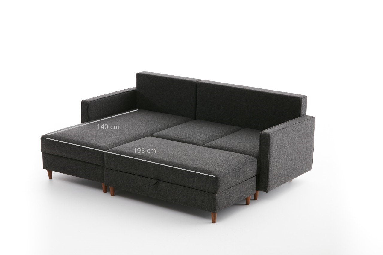 Sofá de Canto Moderno, Antracite, 210 x 82 x 195 cm | 100% Poliéster, Tecido Fácil de Limpar, Espuma 28 DNS, Design Escandinavo | Inclui Puff