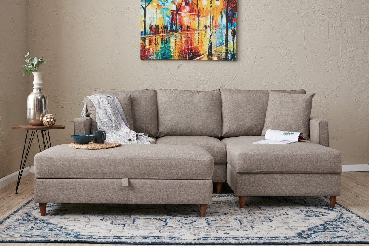 Sofá de canto moderno em creme com pufe, 210 cm de largura, 100% poliéster, tecido fácil de limpar, design escandinavo, perfeito para salas de estar elegantes