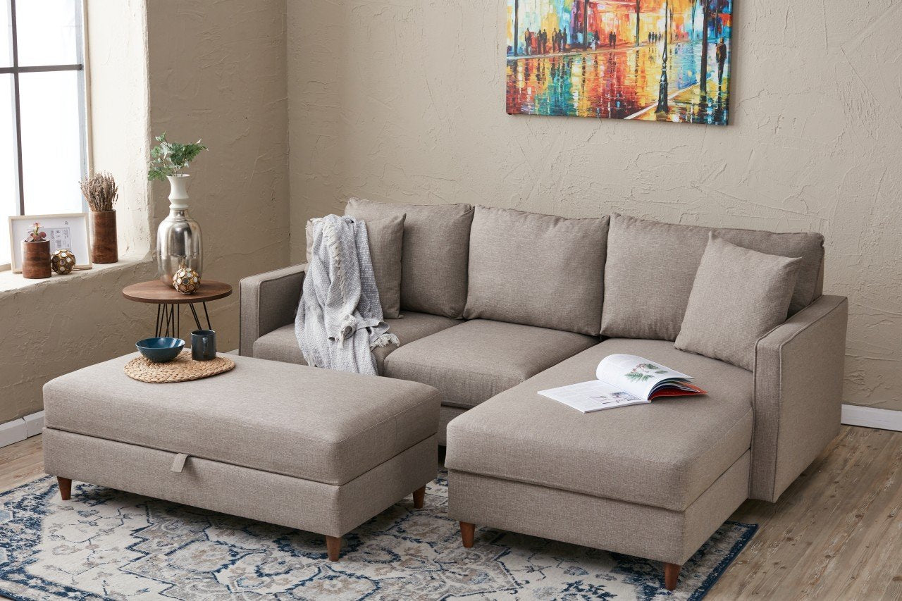 Sofá de canto moderno em creme com pufe, 210 cm de largura, 100% poliéster, tecido fácil de limpar, design escandinavo, perfeito para salas de estar elegantes