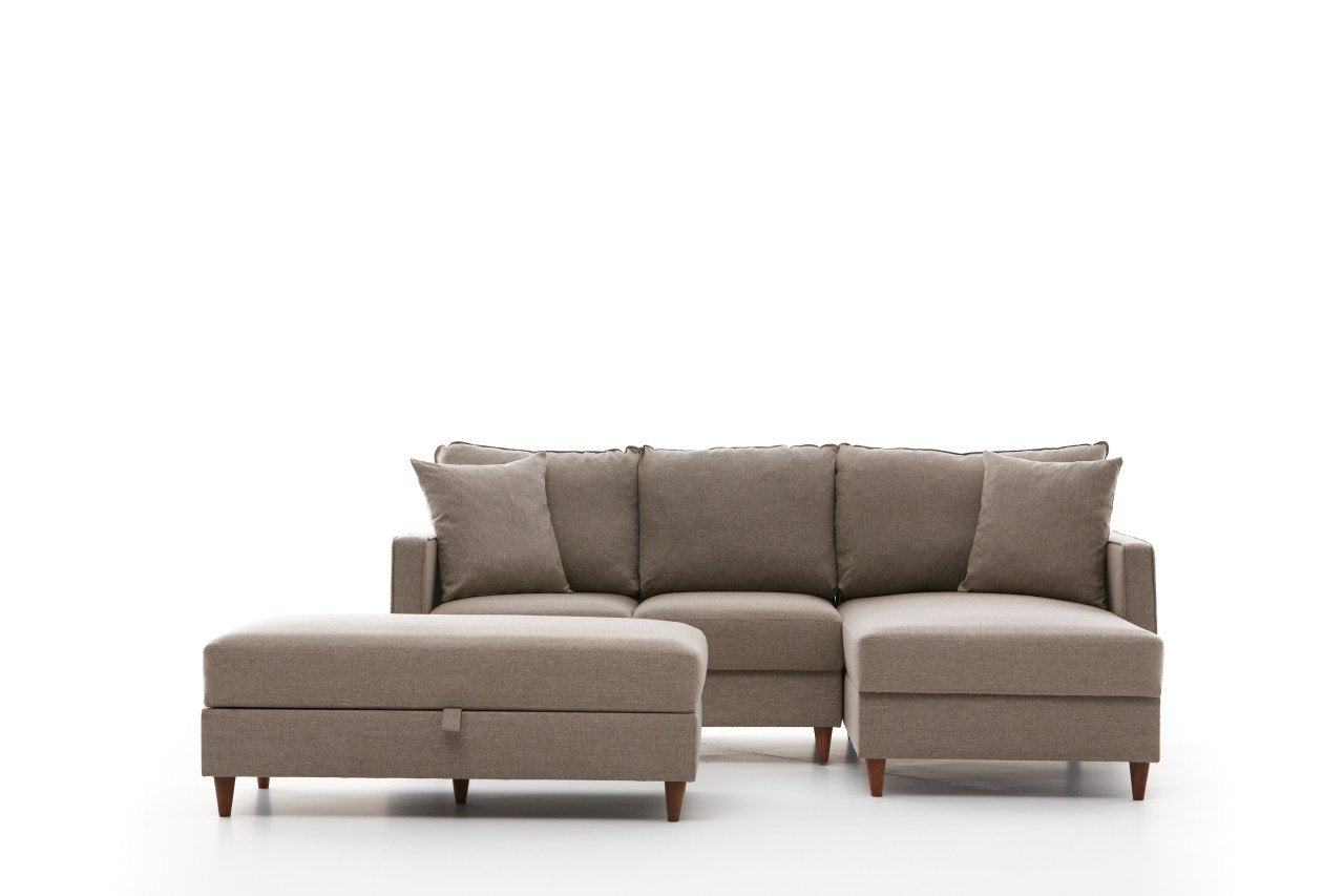 Sofá de canto moderno em creme com pufe, 210 cm de largura, 100% poliéster, tecido fácil de limpar, design escandinavo, perfeito para salas de estar elegantes