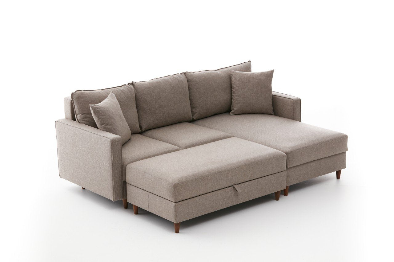 Sofá de canto moderno em creme com pufe, 210 cm de largura, 100% poliéster, tecido fácil de limpar, design escandinavo, perfeito para salas de estar elegantes