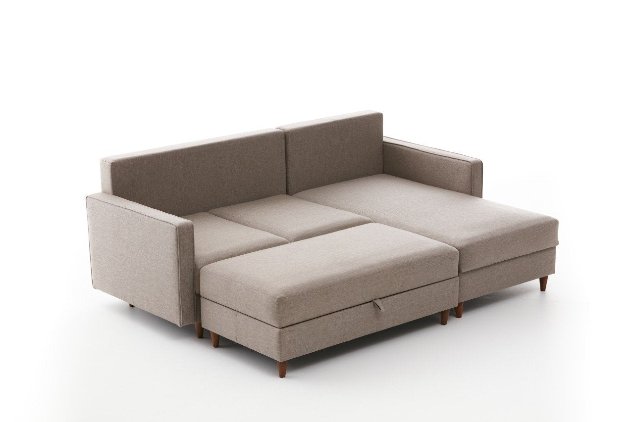 Sofá de canto moderno em creme com pufe, 210 cm de largura, 100% poliéster, tecido fácil de limpar, design escandinavo, perfeito para salas de estar elegantes