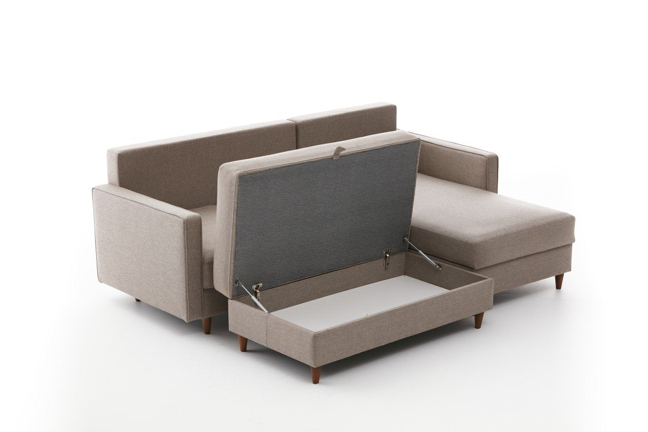 Sofá de canto moderno em creme com pufe, 210 cm de largura, 100% poliéster, tecido fácil de limpar, design escandinavo, perfeito para salas de estar elegantes