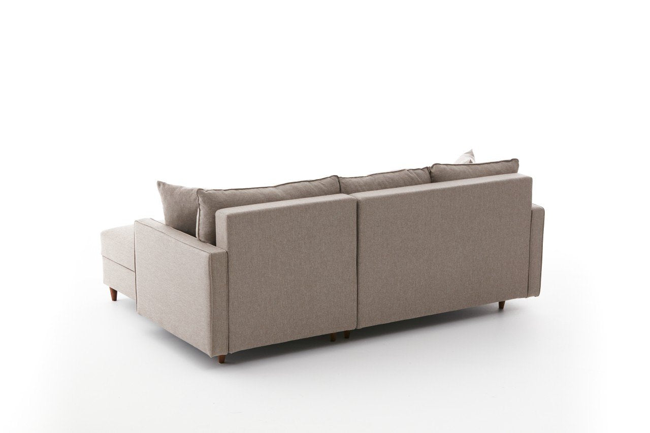 Sofá de canto moderno em creme com pufe, 210 cm de largura, 100% poliéster, tecido fácil de limpar, design escandinavo, perfeito para salas de estar elegantes