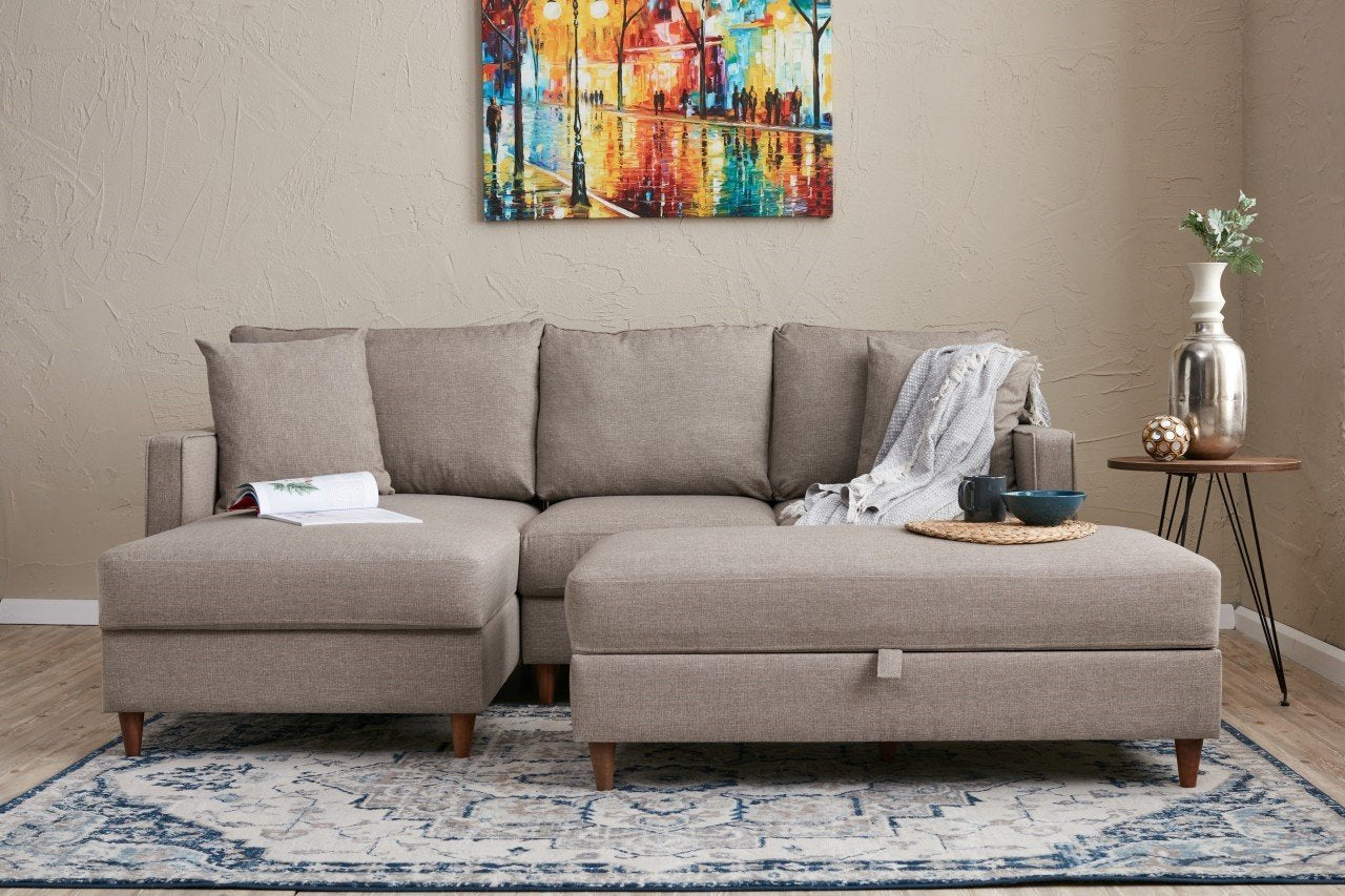 Sofá de canto moderno em creme com pufe, 210 cm de largura, 100% poliéster, tecido fácil de limpar, design escandinavo, perfeito para salas de estar elegantes