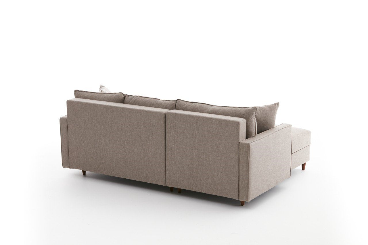 Sofá de canto moderno em creme com pufe, 210 cm de largura, 100% poliéster, tecido fácil de limpar, design escandinavo, perfeito para salas de estar elegantes