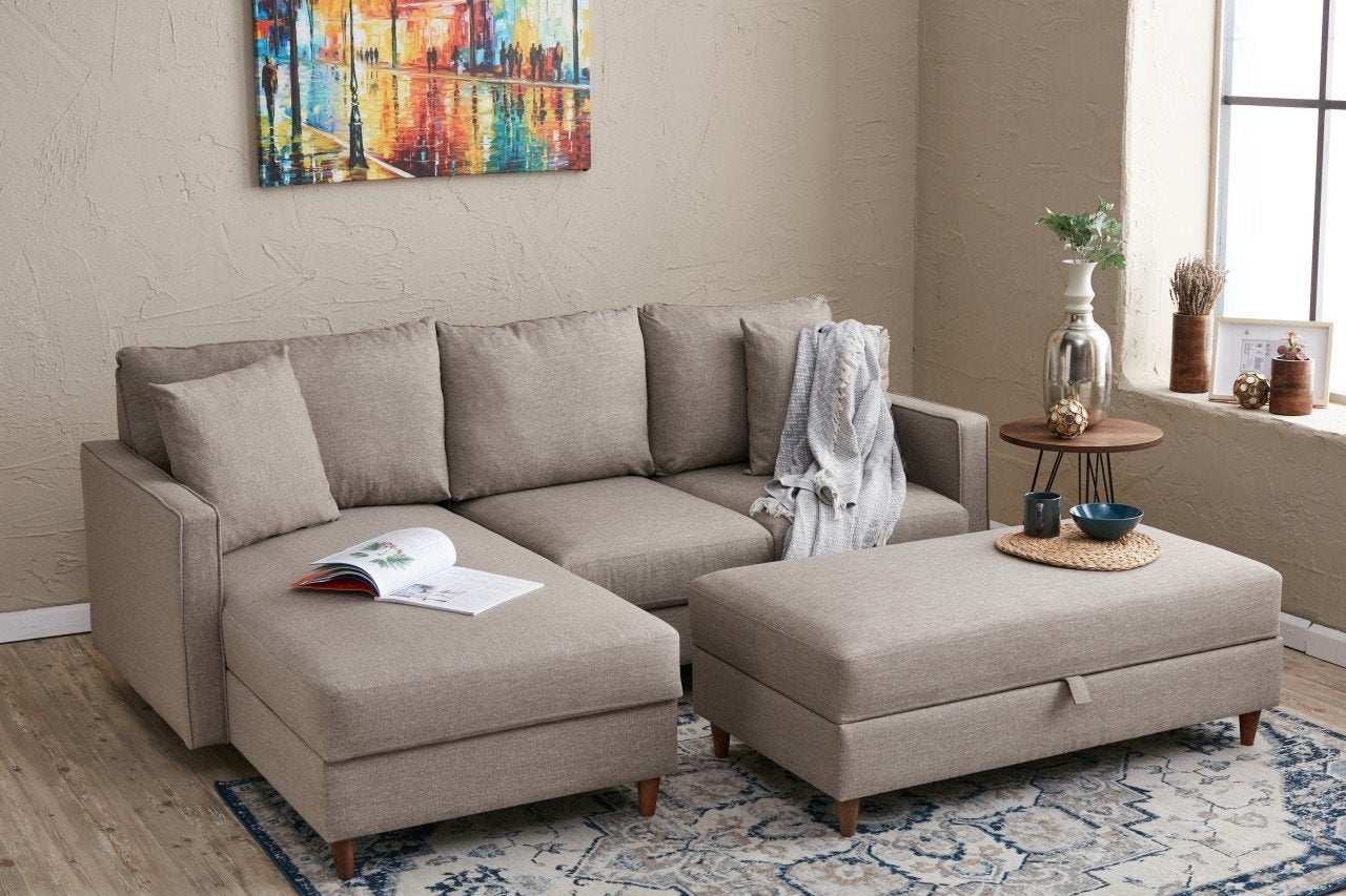 Sofá de canto moderno em creme com pufe, 210 cm de largura, 100% poliéster, tecido fácil de limpar, design escandinavo, perfeito para salas de estar elegantes