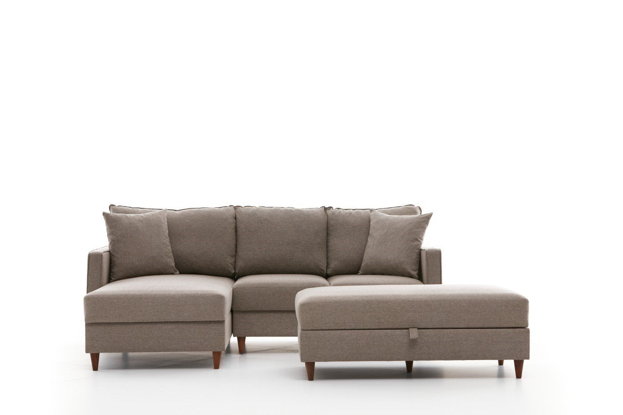 Sofá de canto moderno em creme com pufe, 210 cm de largura, 100% poliéster, tecido fácil de limpar, design escandinavo, perfeito para salas de estar elegantes