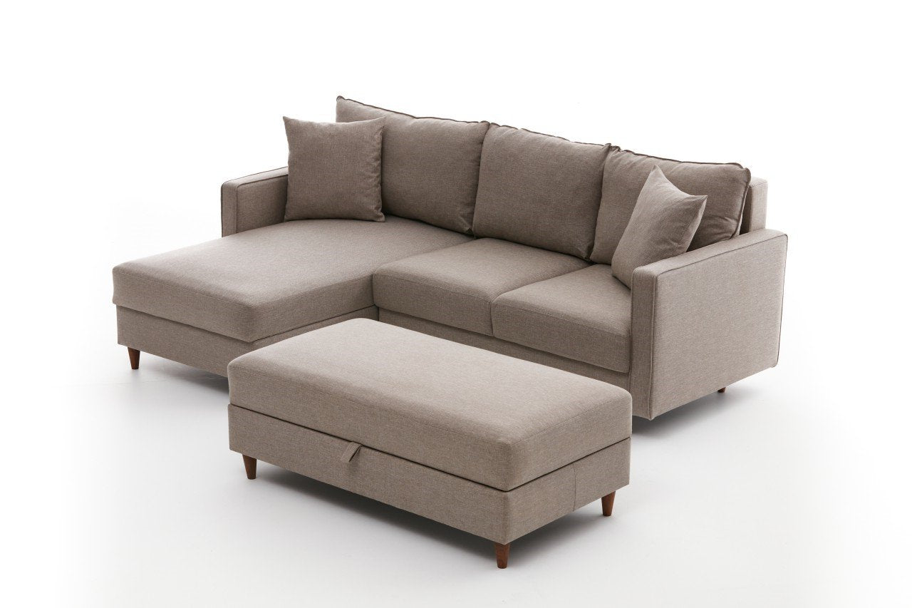 Sofá de canto moderno em creme com pufe, 210 cm de largura, 100% poliéster, tecido fácil de limpar, design escandinavo, perfeito para salas de estar elegantes