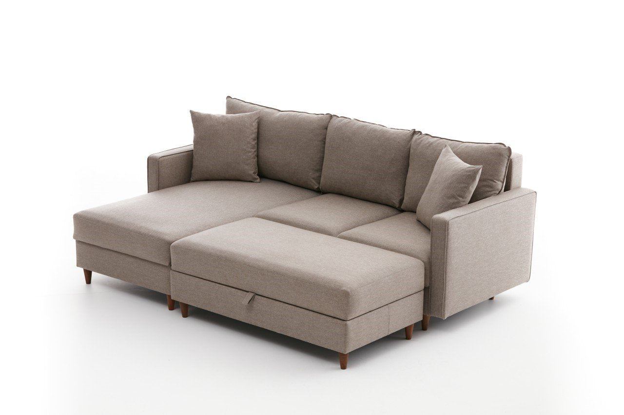 Sofá de canto moderno em creme com pufe, 210 cm de largura, 100% poliéster, tecido fácil de limpar, design escandinavo, perfeito para salas de estar elegantes
