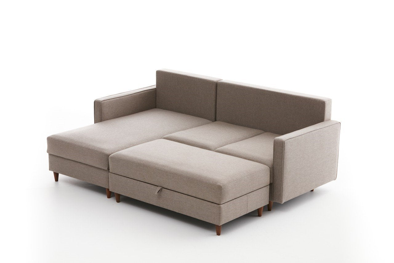 Sofá de canto moderno em creme com pufe, 210 cm de largura, 100% poliéster, tecido fácil de limpar, design escandinavo, perfeito para salas de estar elegantes