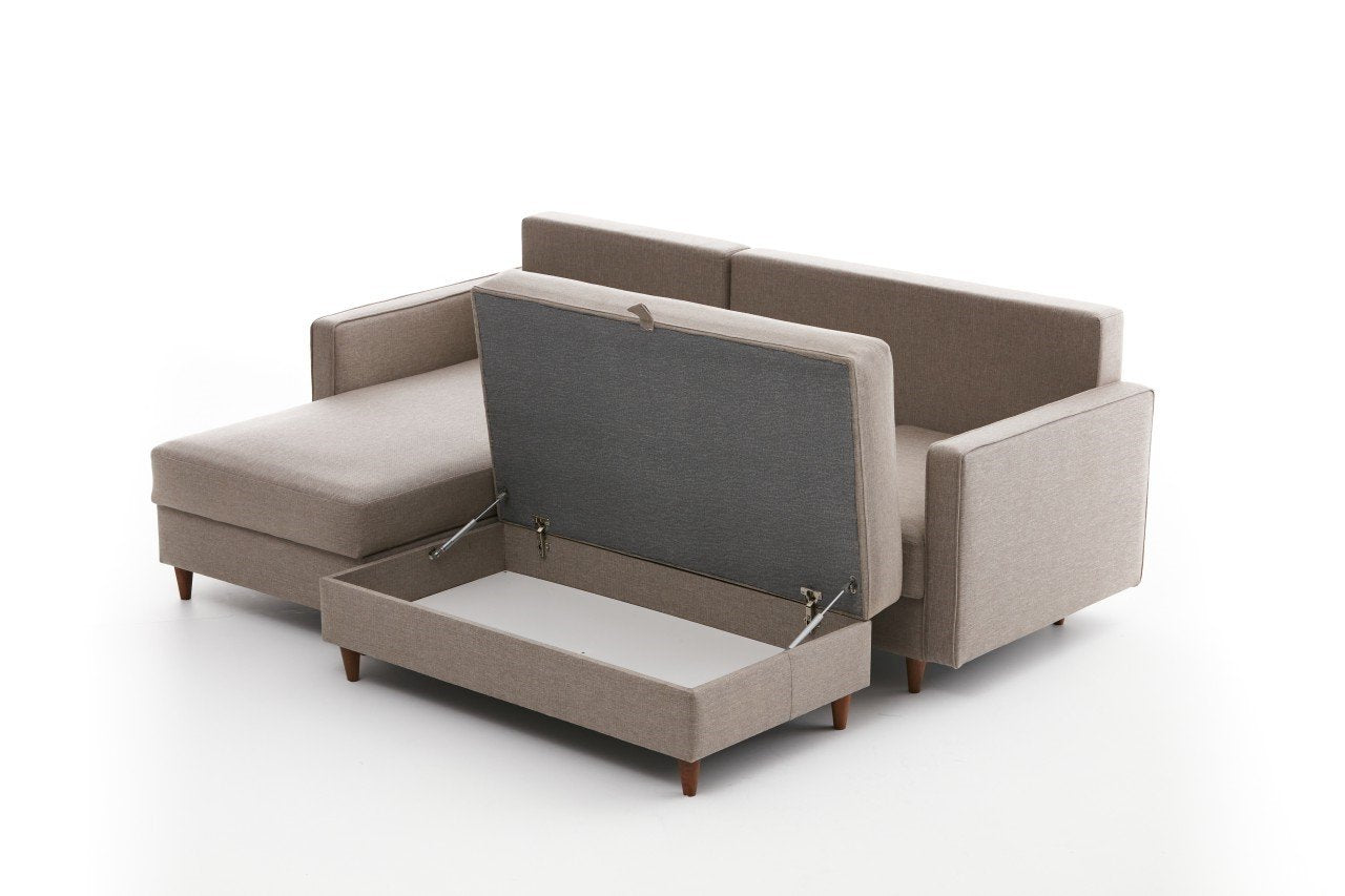 Sofá de canto moderno em creme com pufe, 210 cm de largura, 100% poliéster, tecido fácil de limpar, design escandinavo, perfeito para salas de estar elegantes