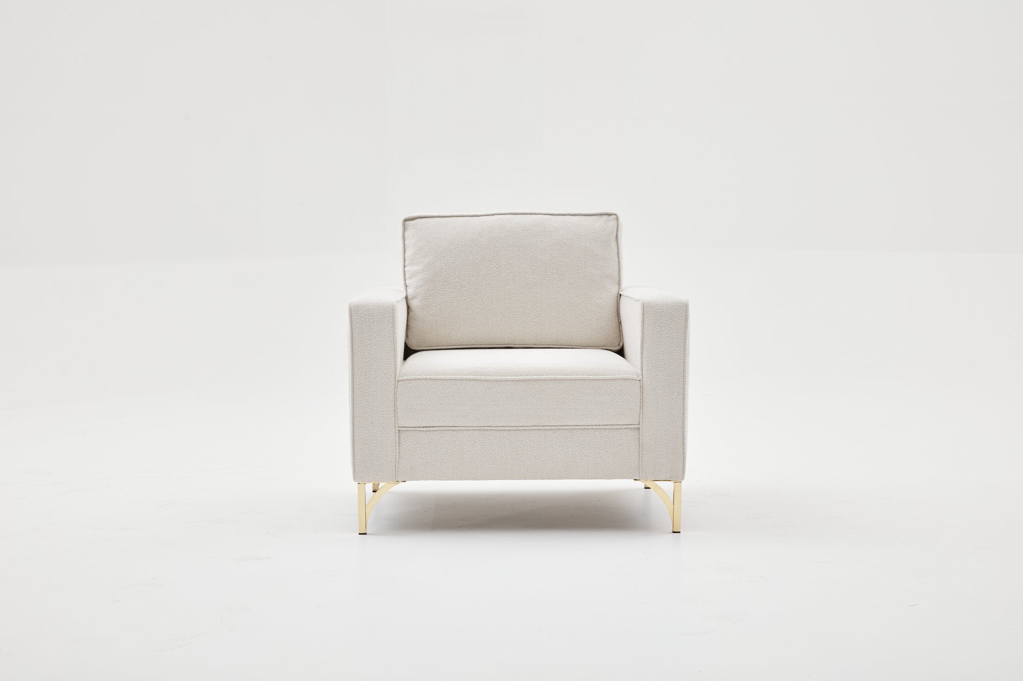 Sofá elegante de 1 lugar, creme e dourado, estrutura de madeira de faia, 100% poliéster, 90x83x91 cm | Tecido fácil de limpar, pernas de metal, design moderno e glamoroso para casa e hotel
