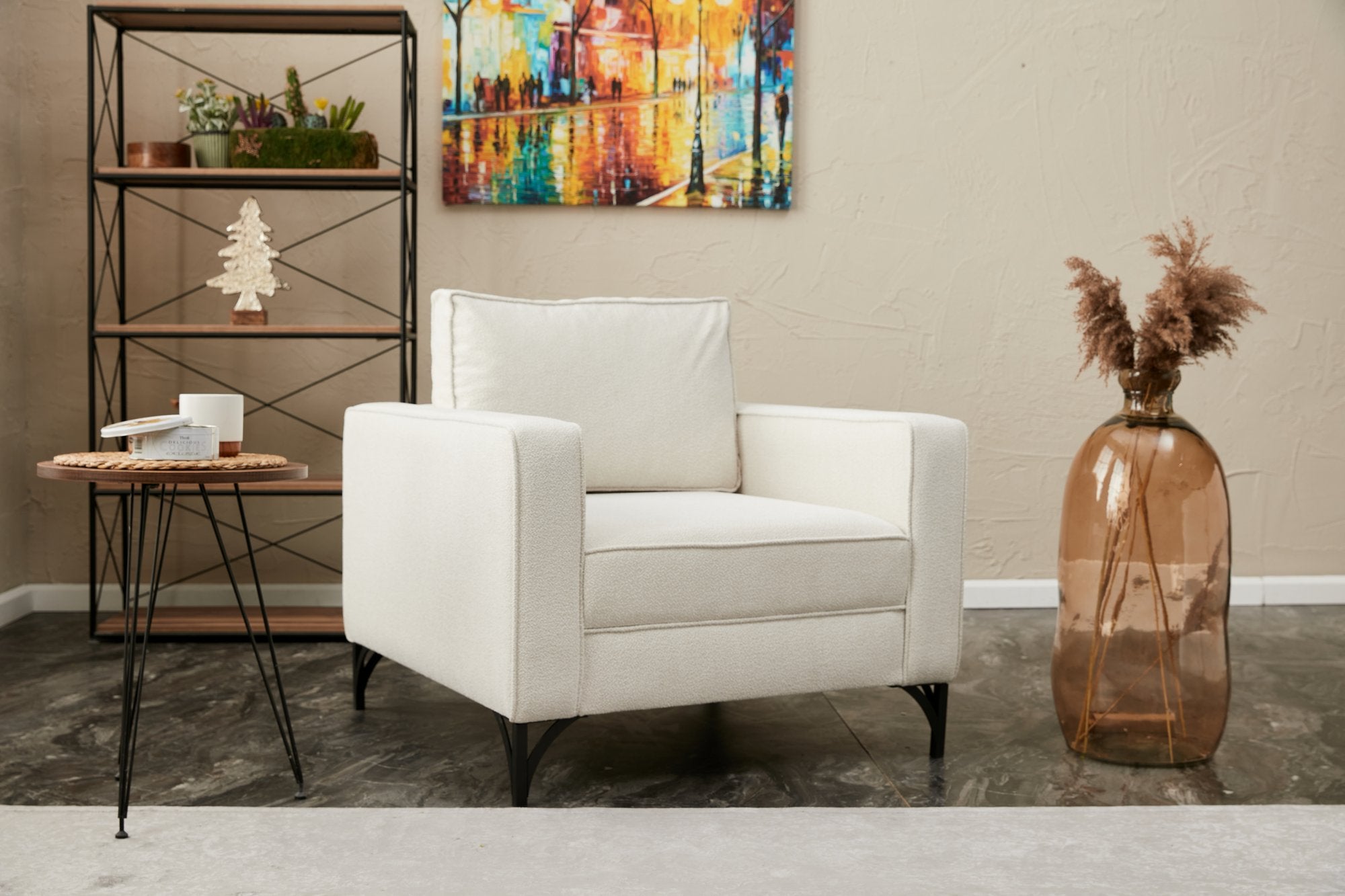 Sofá moderno de 1 lugar, creme e preto, estrutura de madeira de faia, 100% poliéster, 90 x 83 x 91 cm | Tecido fácil de limpar, pernas de metal, design elegante e confortável