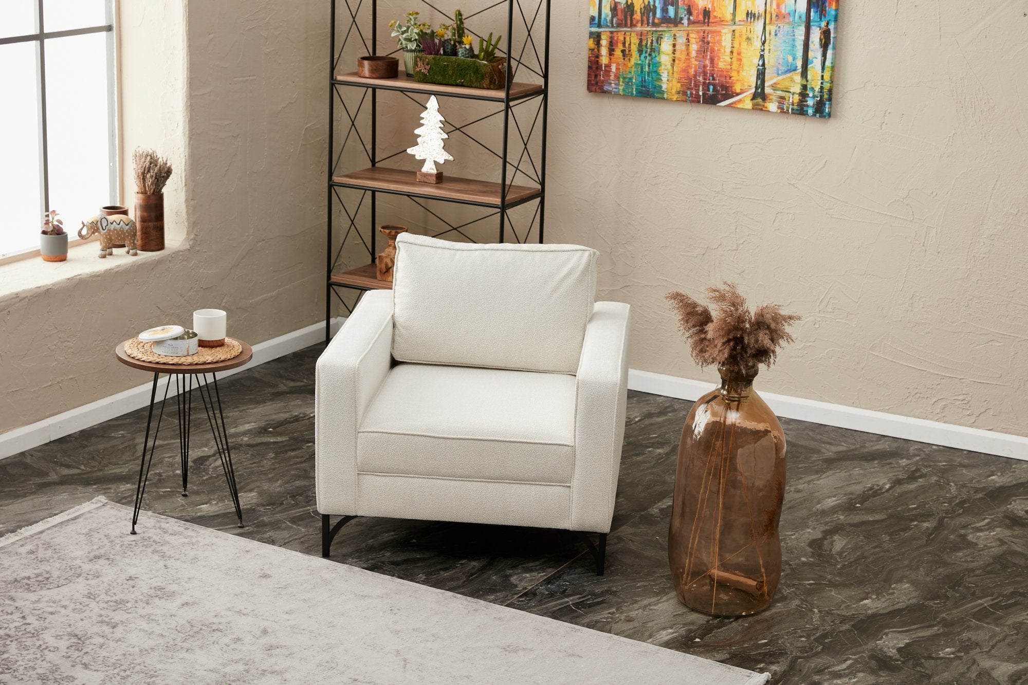Sofá moderno de 1 lugar, creme e preto, estrutura de madeira de faia, 100% poliéster, 90 x 83 x 91 cm | Tecido fácil de limpar, pernas de metal, design elegante e confortável