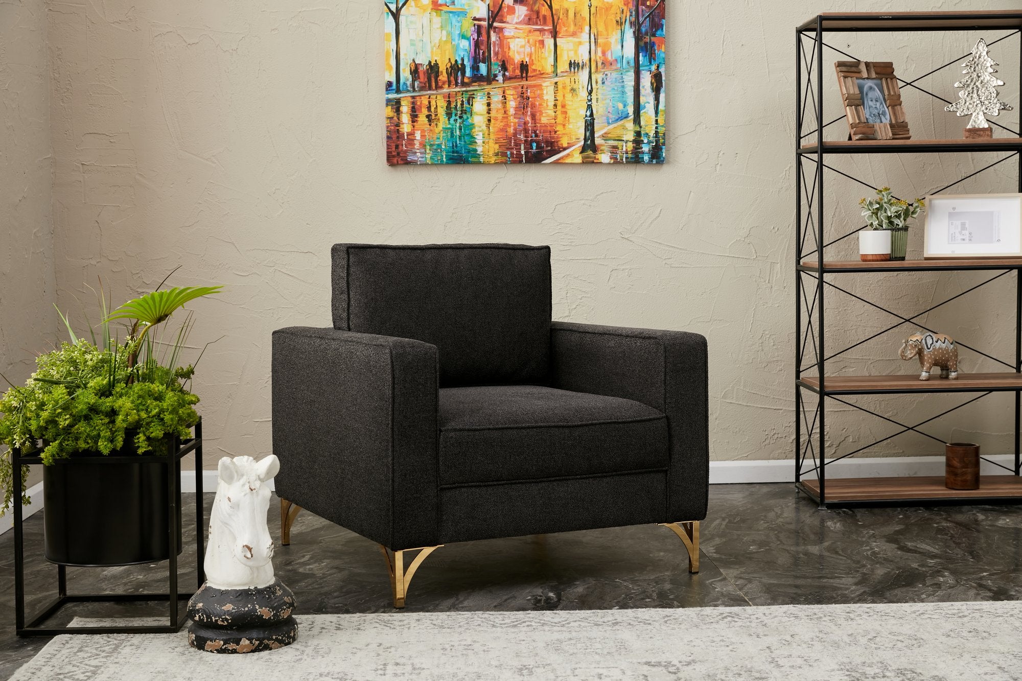 Sofá moderno de 1 lugar, antracite e dourado, 90x83x91 cm | Estrutura de madeira de faia, 100% poliéster, fácil de limpar, pernas de metal, design glamoroso para casa e hotel