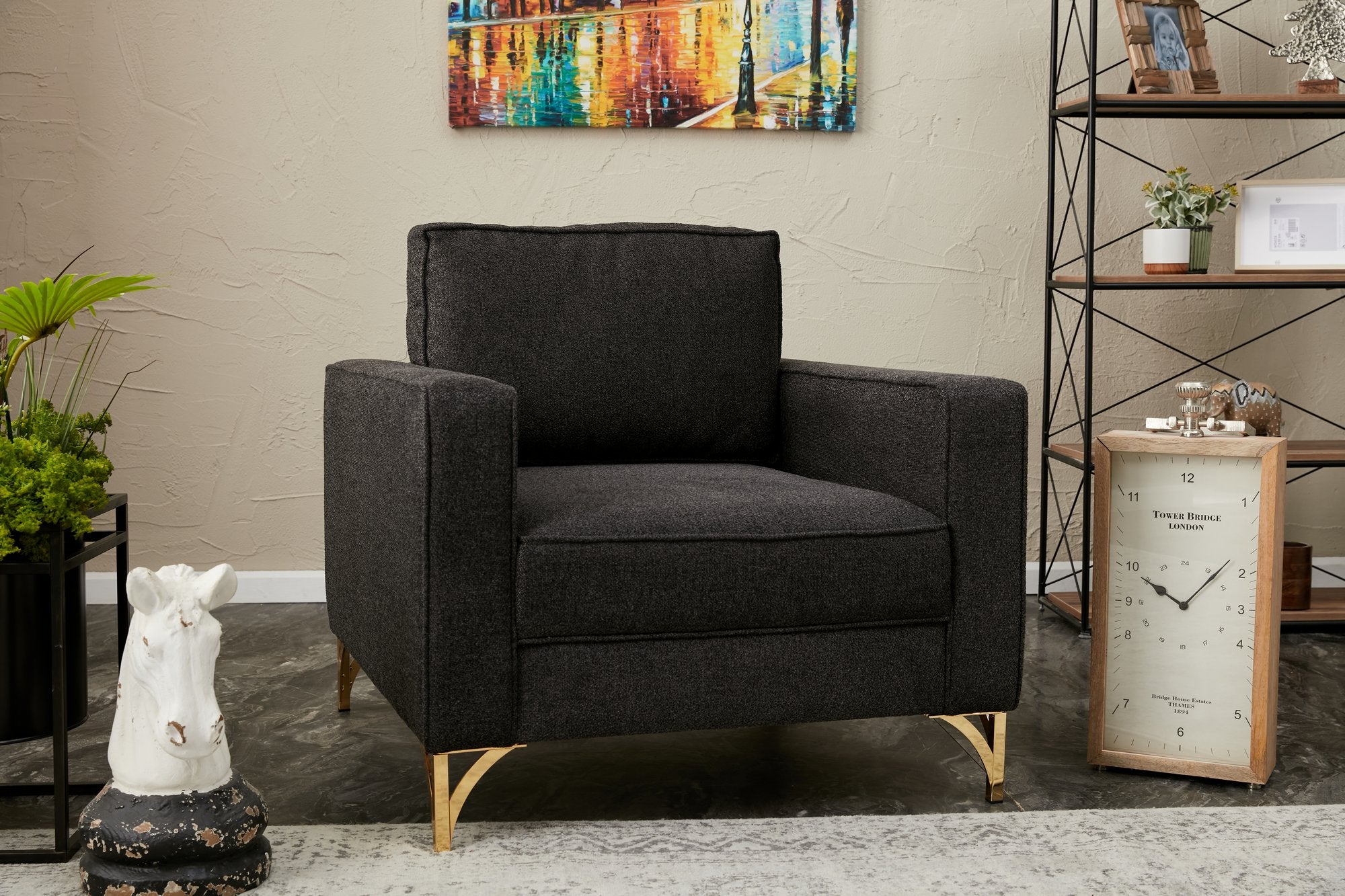 Sofá moderno de 1 lugar, antracite e dourado, 90x83x91 cm | Estrutura de madeira de faia, 100% poliéster, fácil de limpar, pernas de metal, design glamoroso para casa e hotel