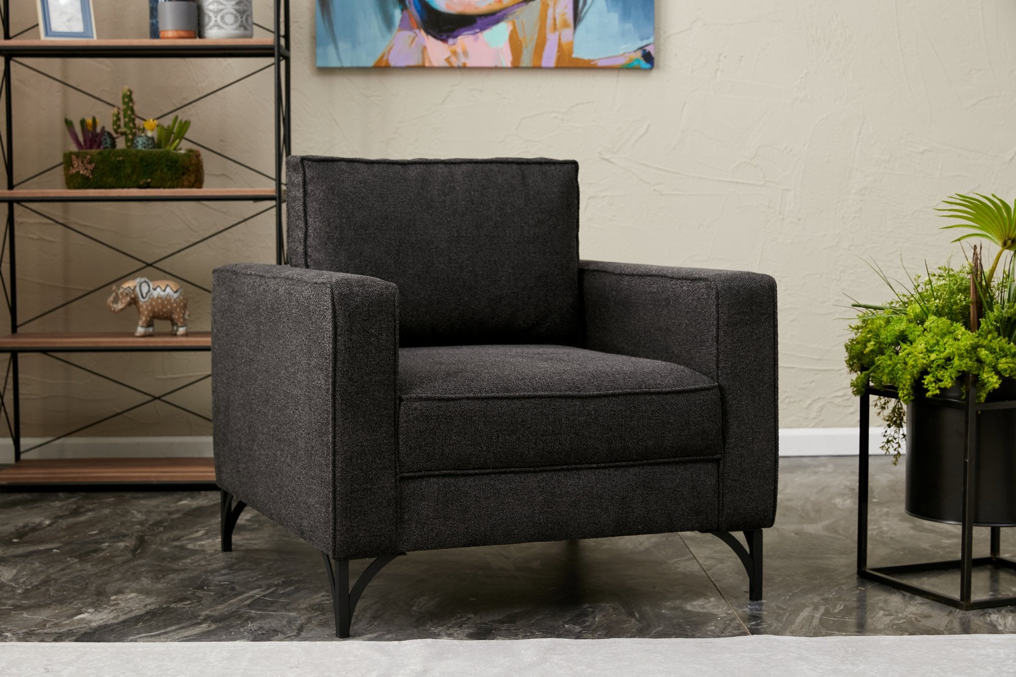 Sofá moderno de 1 lugar, antracite e preto, 90x83x91 cm | Estrutura de madeira de faia, 100% poliéster, fácil de limpar, pernas de metal, design elegante e confortável