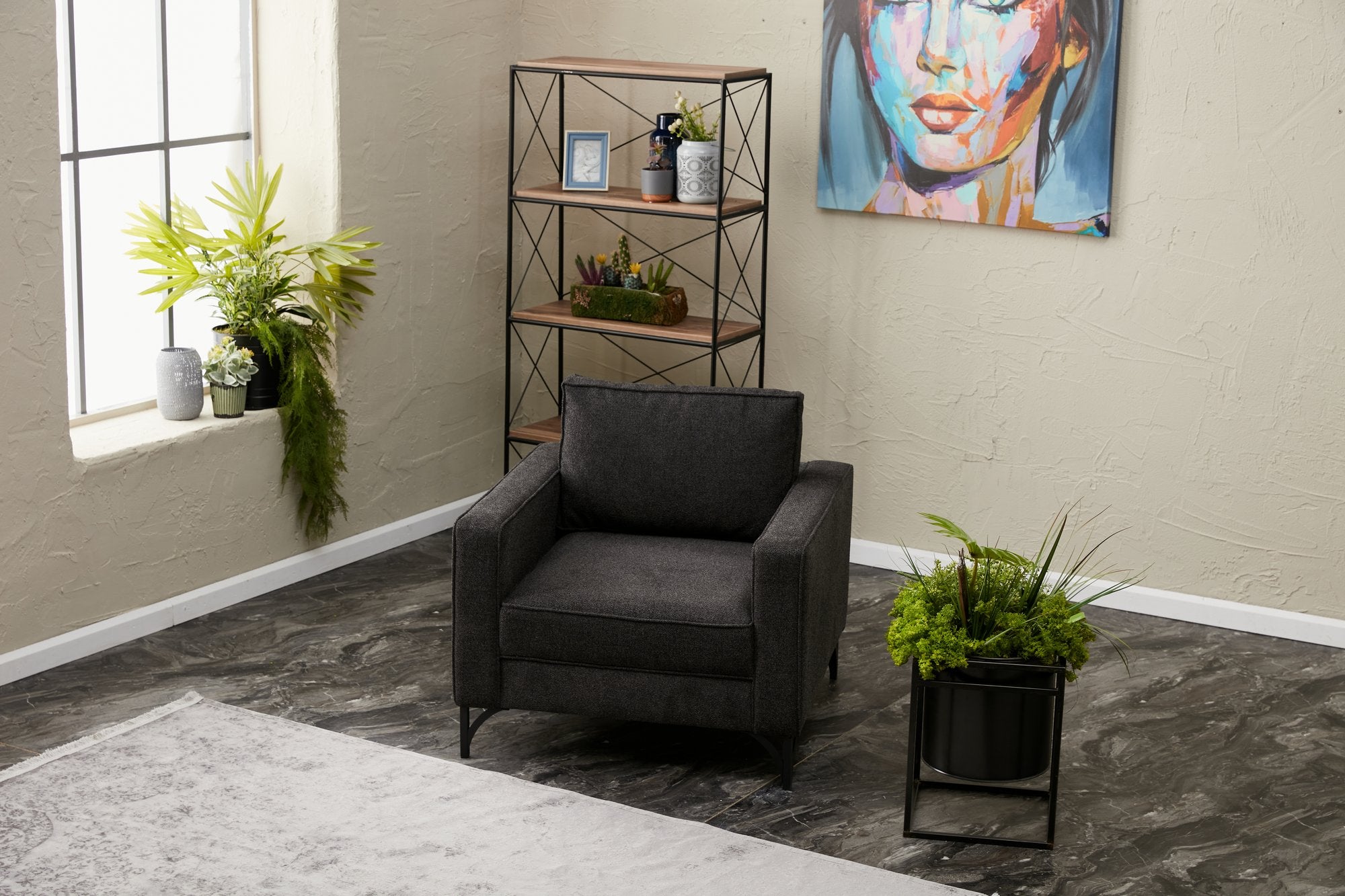 Sofá moderno de 1 lugar, antracite e preto, 90x83x91 cm | Estrutura de madeira de faia, 100% poliéster, fácil de limpar, pernas de metal, design elegante e confortável