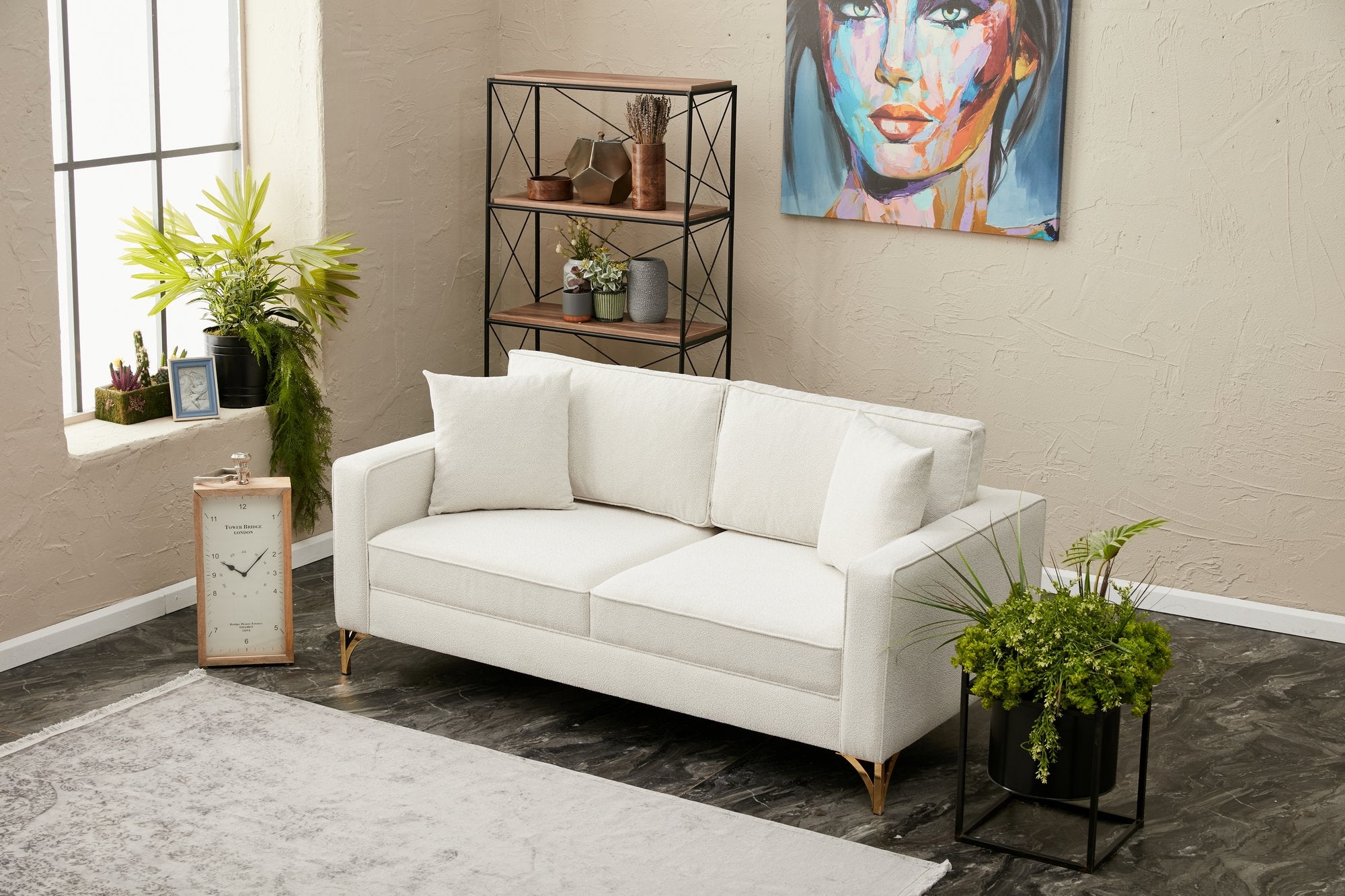 Sofá elegante de 2 lugares, creme e dourado, estrutura de madeira de faia, 180 cm | 100% poliéster, fácil de limpar, pernas de metal | Design moderno e glamouroso para residências e hotéis
