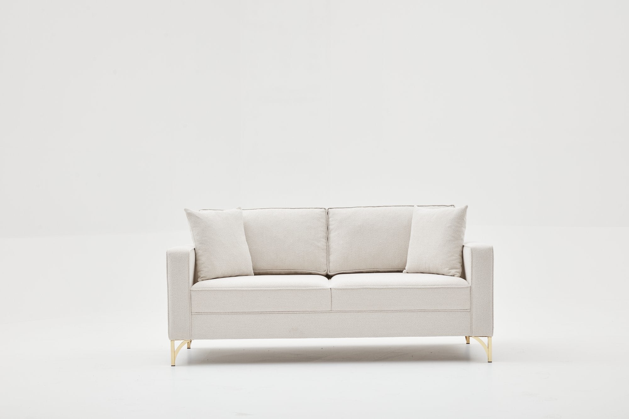 Sofá elegante de 2 lugares, creme e dourado, estrutura de madeira de faia, 180 cm | 100% poliéster, fácil de limpar, pernas de metal | Design moderno e glamouroso para residências e hotéis