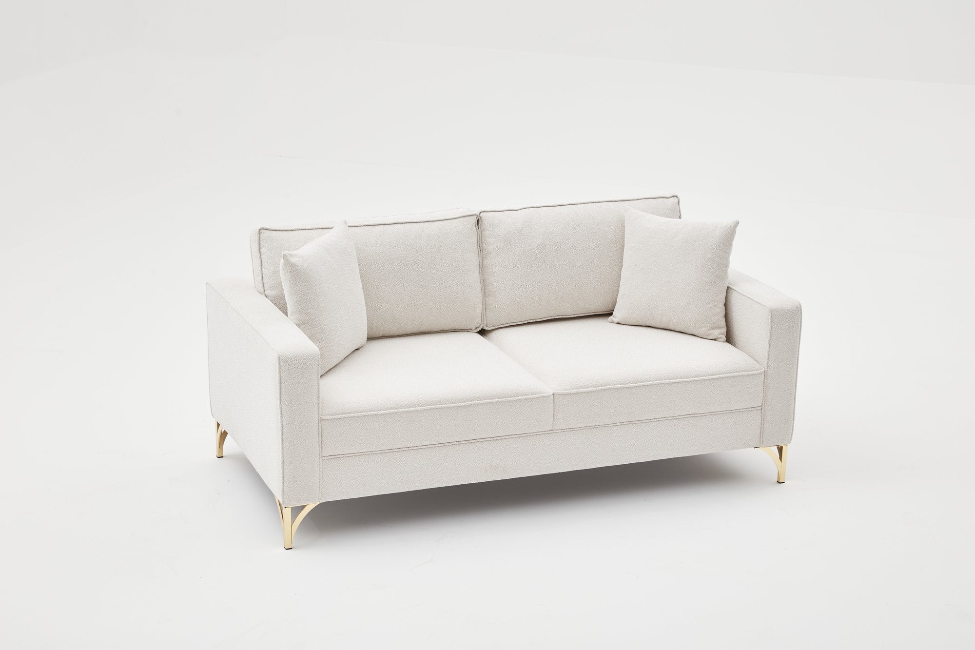 Sofá elegante de 2 lugares, creme e dourado, estrutura de madeira de faia, 180 cm | 100% poliéster, fácil de limpar, pernas de metal | Design moderno e glamouroso para residências e hotéis