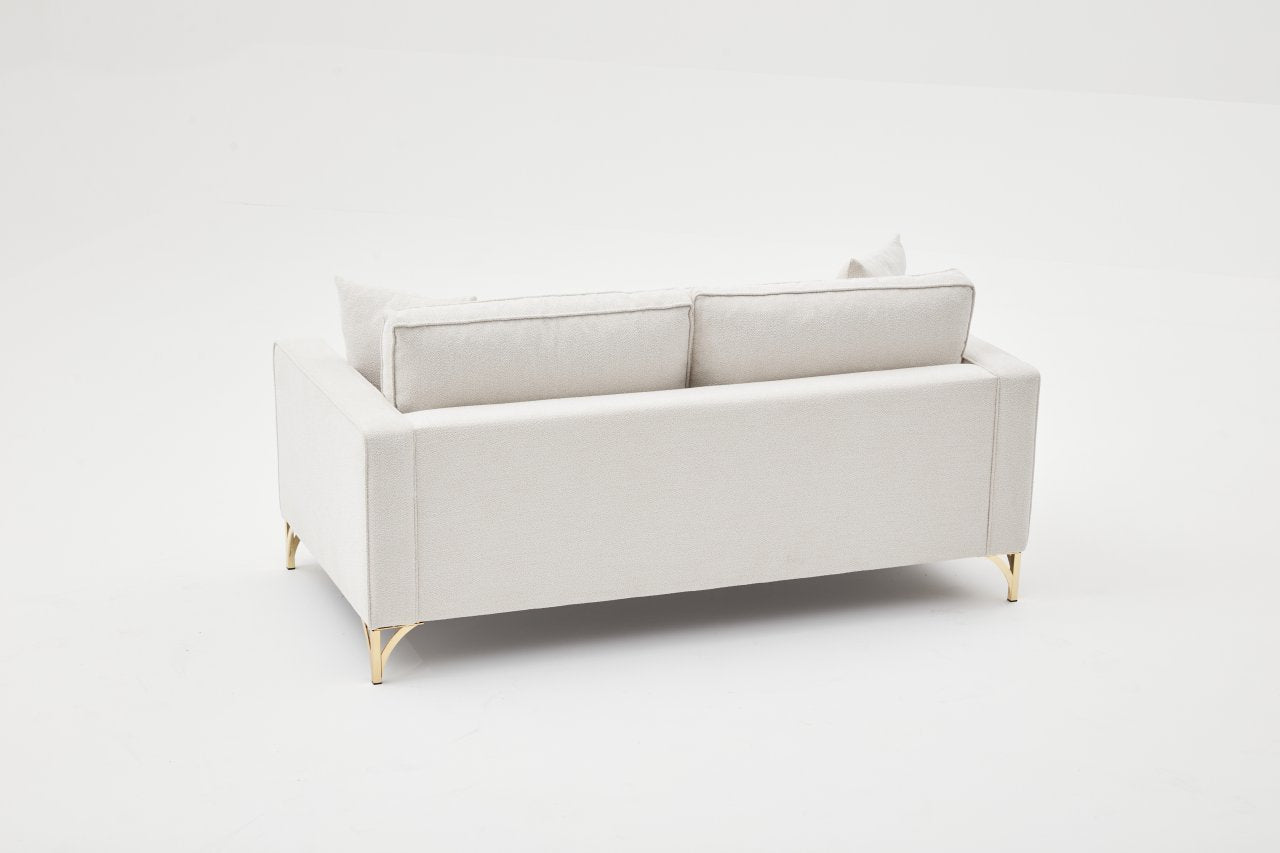 Sofá elegante de 2 lugares, creme e dourado, estrutura de madeira de faia, 180 cm | 100% poliéster, fácil de limpar, pernas de metal | Design moderno e glamouroso para residências e hotéis