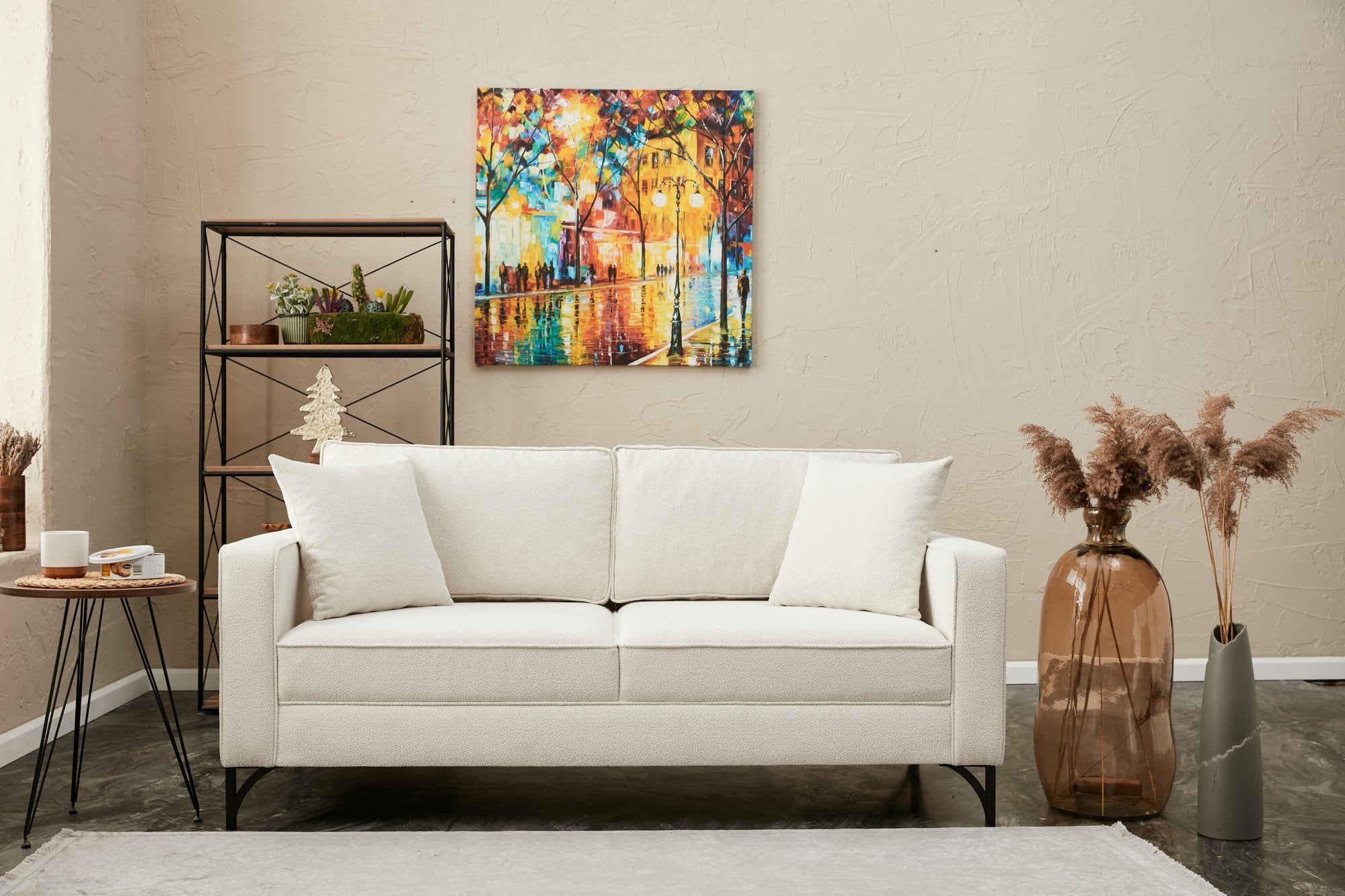 Sofá moderno de 2 lugares, creme e preto, estrutura de madeira de faia, 180 cm | 100% poliéster, tecido fácil de limpar, pernas de metal, design elegante e confortável para casa e hotel