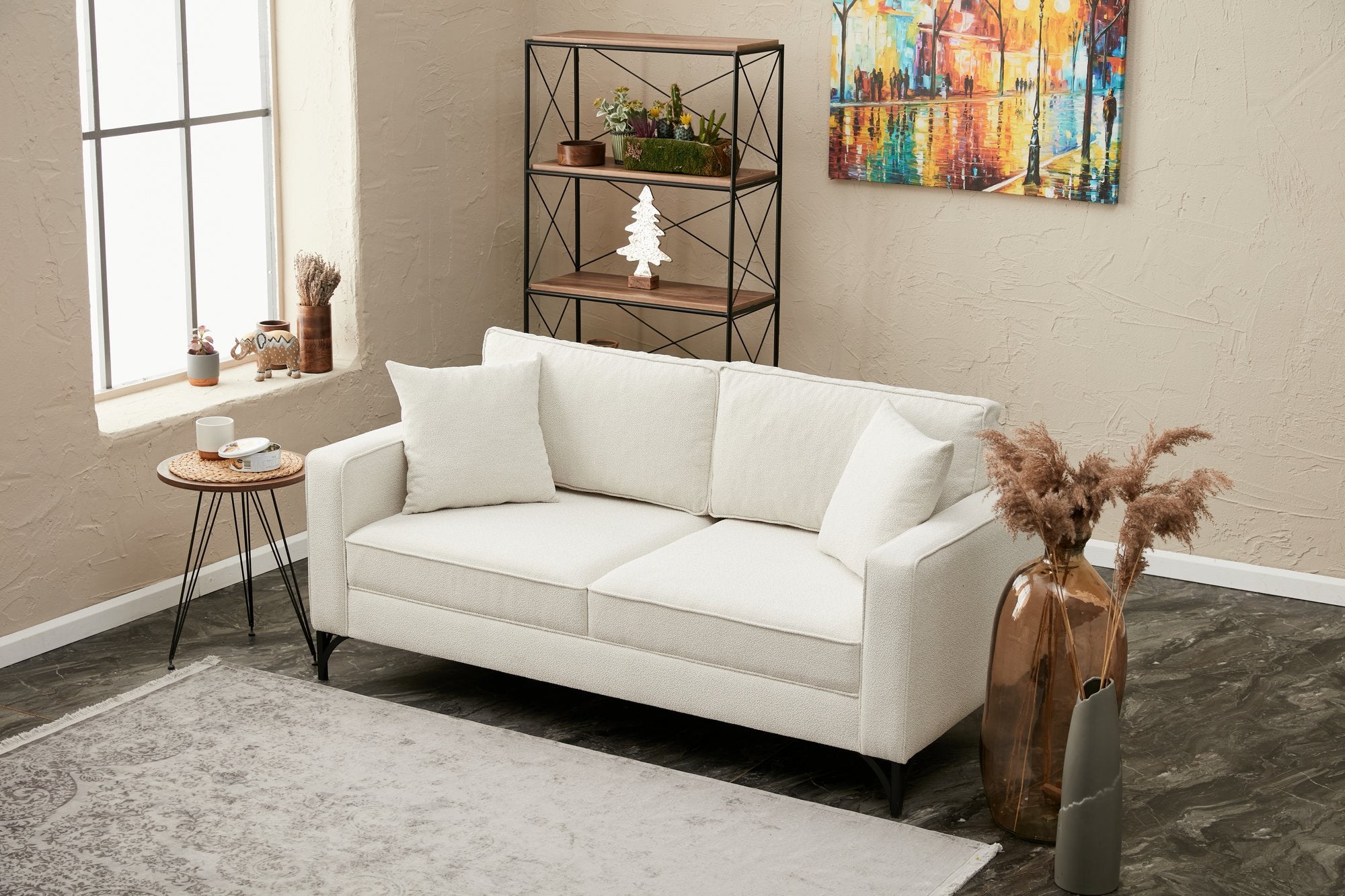 Sofá moderno de 2 lugares, creme e preto, estrutura de madeira de faia, 180 cm | 100% poliéster, tecido fácil de limpar, pernas de metal, design elegante e confortável para casa e hotel