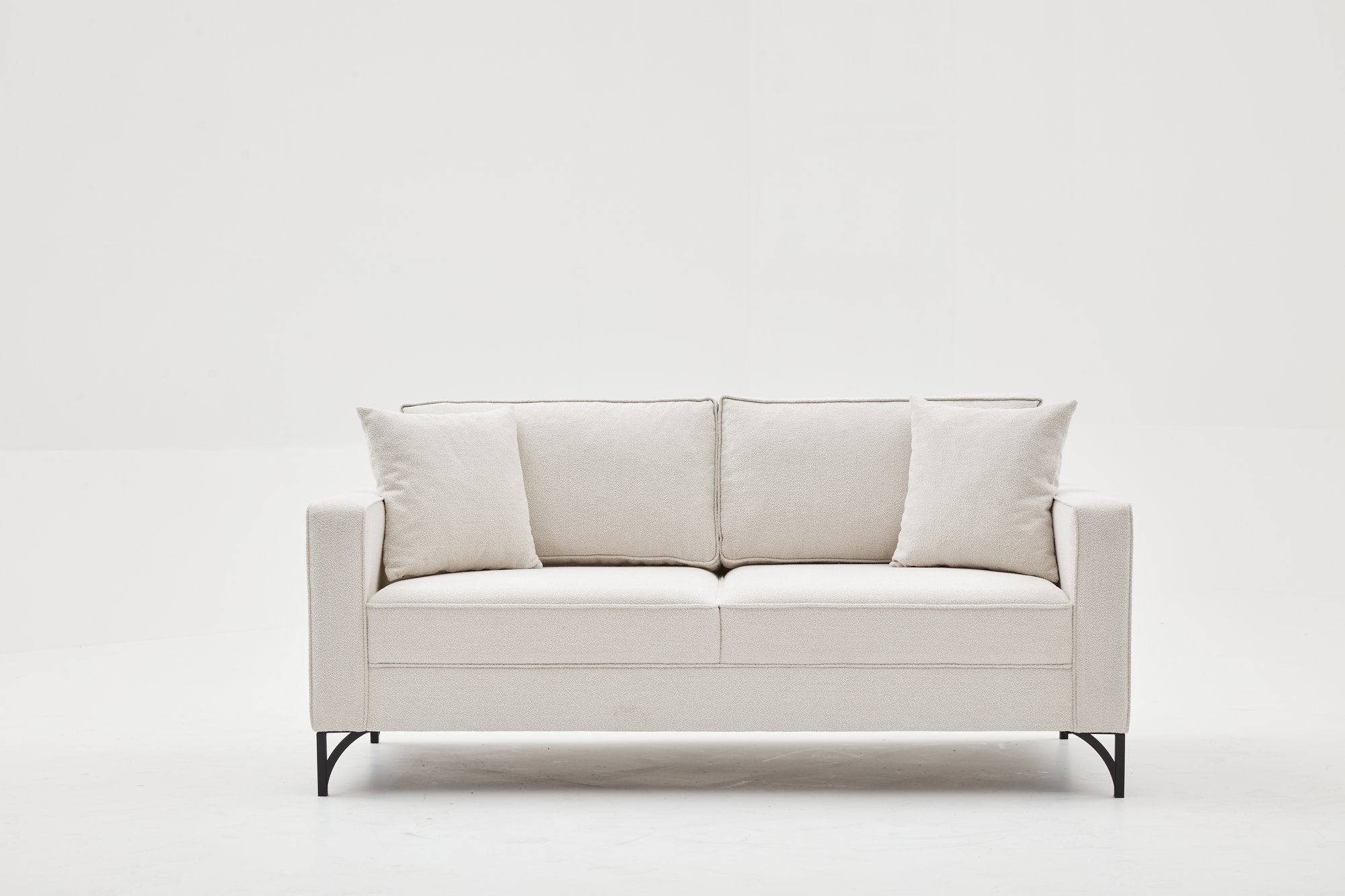 Sofá moderno de 2 lugares, creme e preto, estrutura de madeira de faia, 180 cm | 100% poliéster, tecido fácil de limpar, pernas de metal, design elegante e confortável para casa e hotel