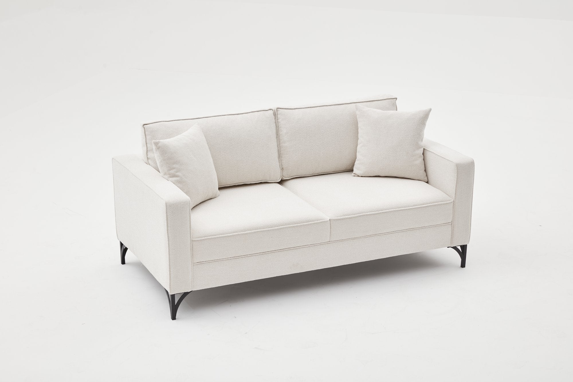Sofá moderno de 2 lugares, creme e preto, estrutura de madeira de faia, 180 cm | 100% poliéster, tecido fácil de limpar, pernas de metal, design elegante e confortável para casa e hotel