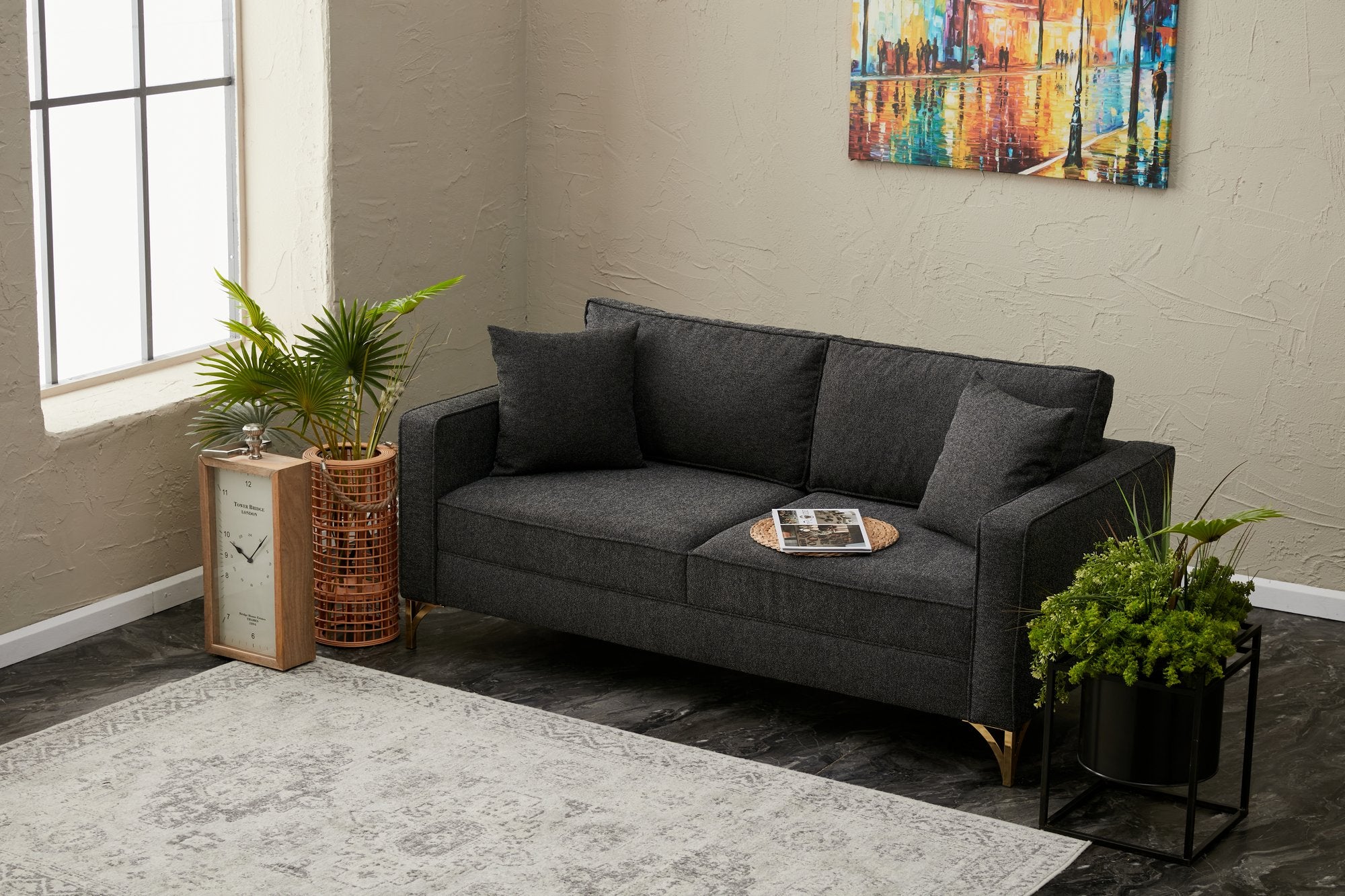 Sofá moderno de 2 lugares, antracite e dourado, 180 cm | Estrutura em madeira de faia, 100% poliéster, fácil de limpar, pernas de metal, design glamoroso para espaços de estar elegantes