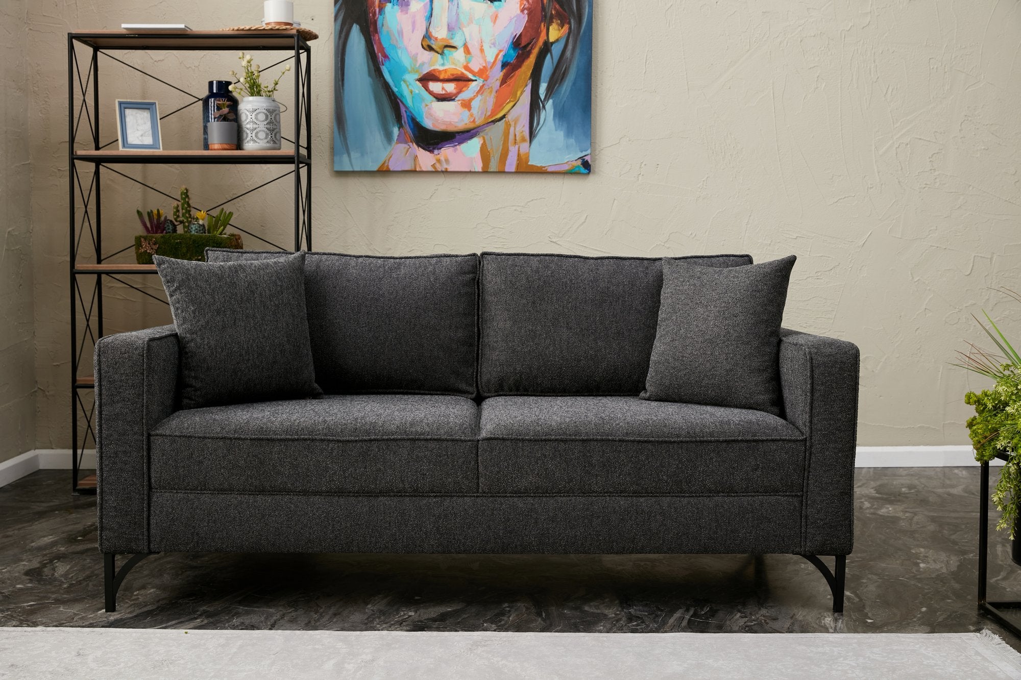 Sofá moderno de 2 lugares, antracite e preto, estrutura de madeira de faia, 100% poliéster, 180 cm de largura, tecido fácil de limpar, pernas de metal elegantes, perfeito para decoração de hotéis e indústria