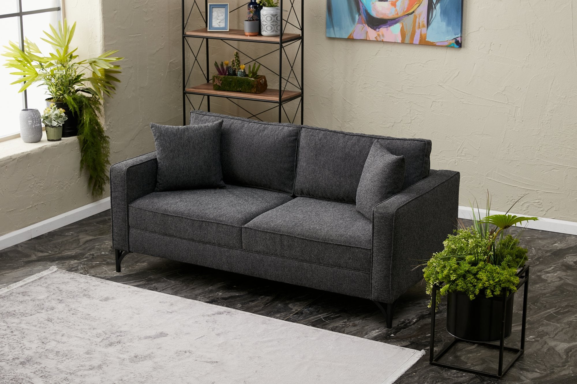 Sofá moderno de 2 lugares, antracite e preto, estrutura de madeira de faia, 100% poliéster, 180 cm de largura, tecido fácil de limpar, pernas de metal elegantes, perfeito para decoração de hotéis e indústria