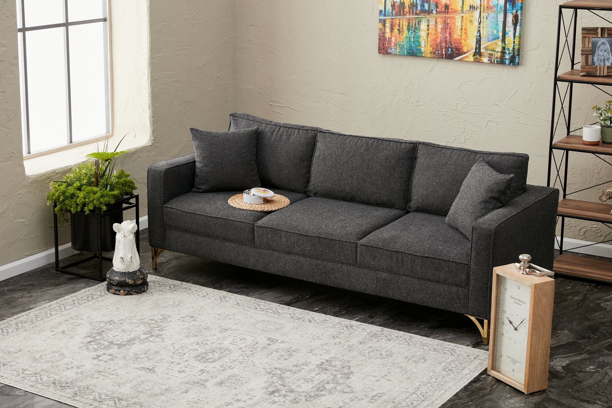 Sofá moderno de 3 lugares, antracite e dourado, 220 cm | Estrutura de madeira de faia, 100% poliéster, fácil de limpar, pernas de metal, design glamoroso para casa e hotel