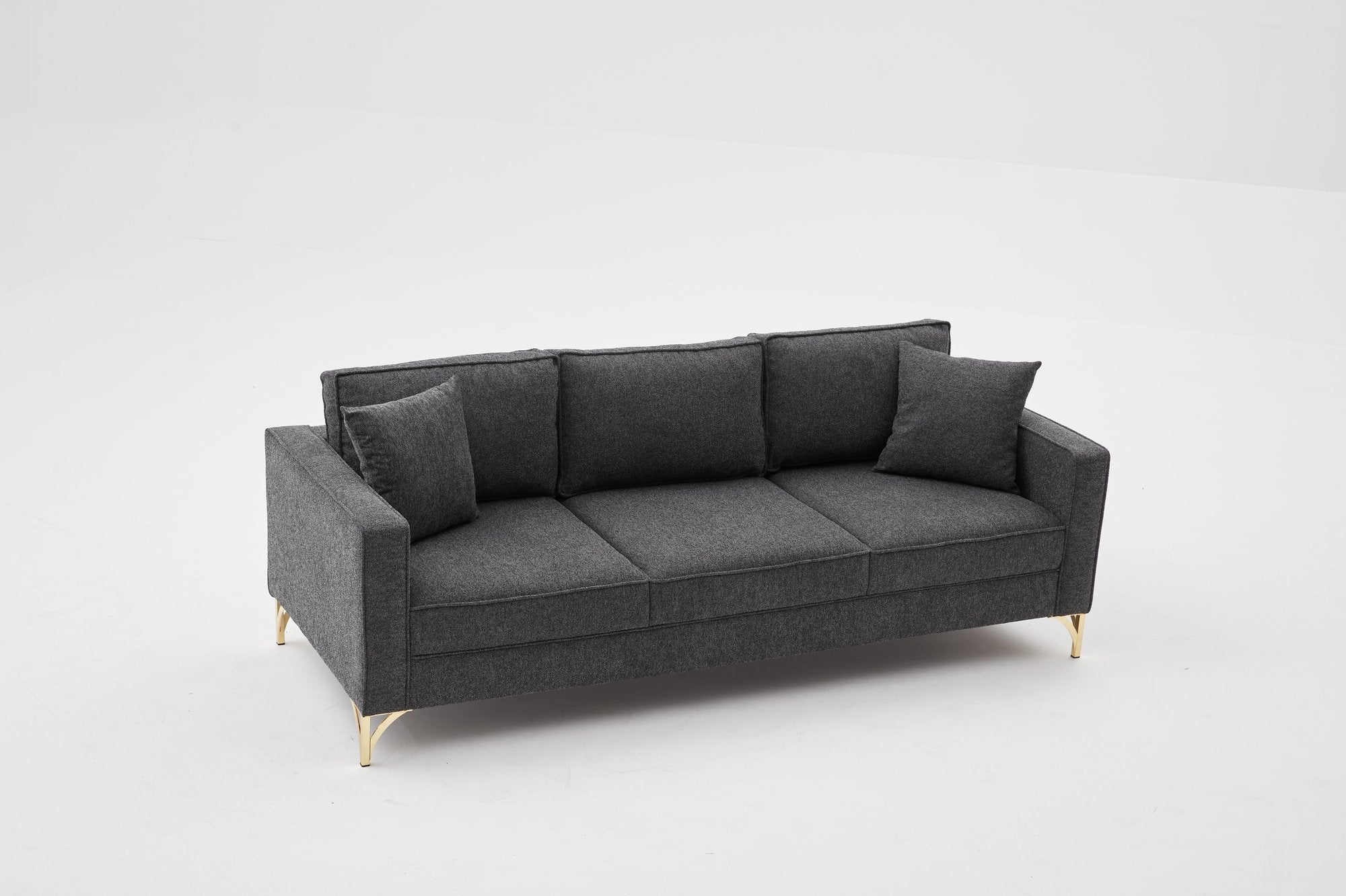 Sofá moderno de 3 lugares, antracite e dourado, 220 cm | Estrutura de madeira de faia, 100% poliéster, fácil de limpar, pernas de metal, design glamoroso para casa e hotel